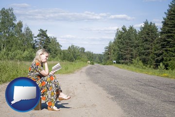 a young woman waiting for the bus - with Connecticut icon