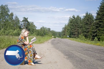 a young woman waiting for the bus - with Massachusetts icon