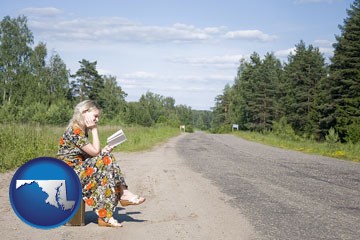 a young woman waiting for the bus - with Maryland icon