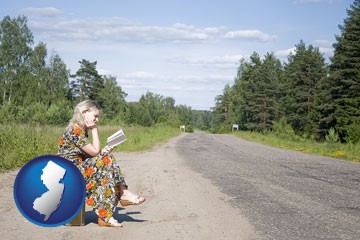 a young woman waiting for the bus - with New Jersey icon