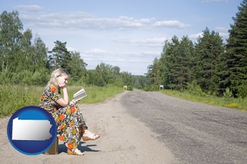 a young woman waiting for the bus - with Pennsylvania icon