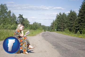 a young woman waiting for the bus - with Vermont icon