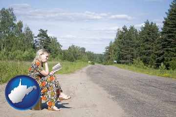 a young woman waiting for the bus - with West Virginia icon